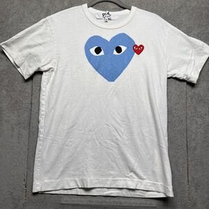Comme des Garçons Play T-Shirt M White Blue Heart Red Patch Japan‎ Graphic Tee